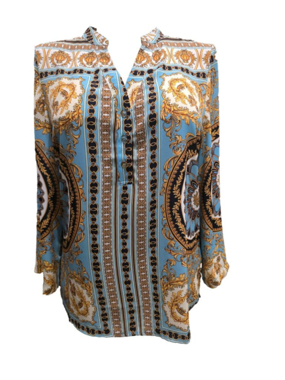 Women's LIOR paris Blue Gold Baroque Print Blouse M